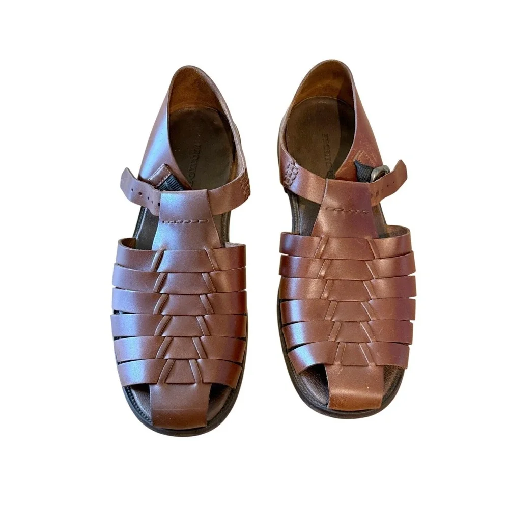 Pronto Uomo Mens 9M Brown Genuine Leather Woven Fisherman Sandals Buckle Summer
